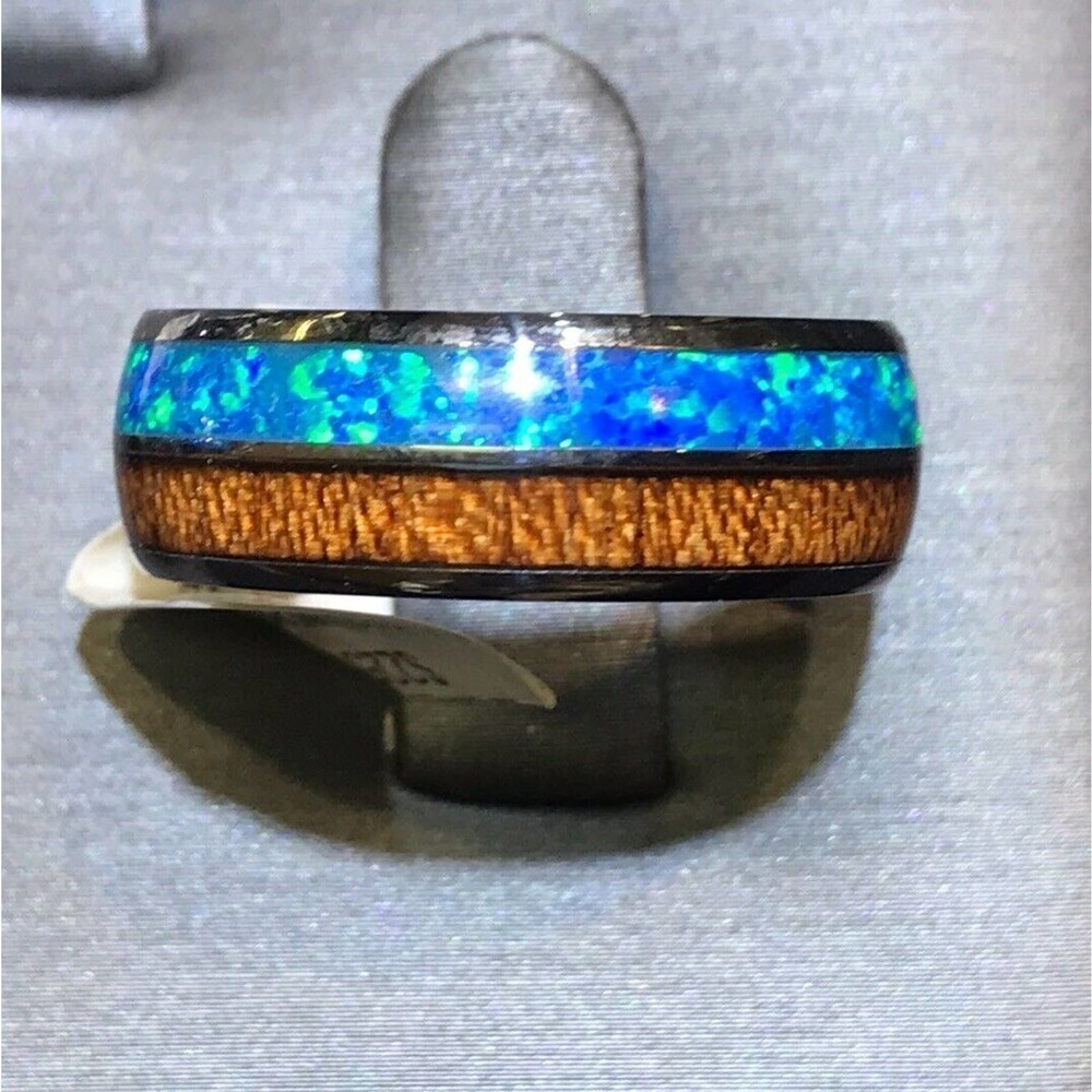 Mens Tungsten Ring Sz10 Black/Lab Opal & Wood Strips Unique Look New W Tags
